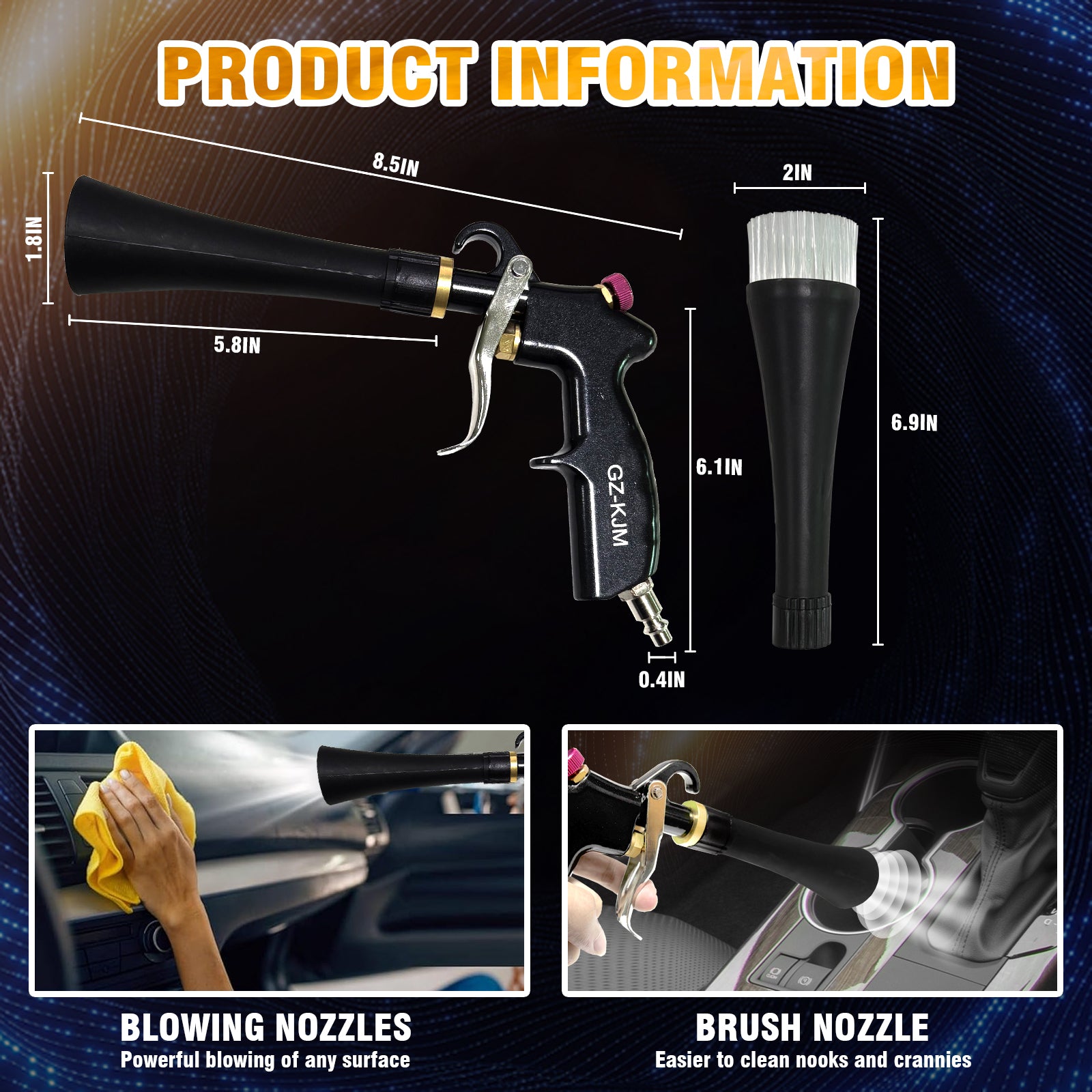 GZ-KJM Air Blow Gun Car Interior Cleaning Gun High Pressure Car Detailing Cleaning Tool with Nozzle and Auto Detailing Dusting Brush for Quickly Blasts Dirt and Dust from Surface