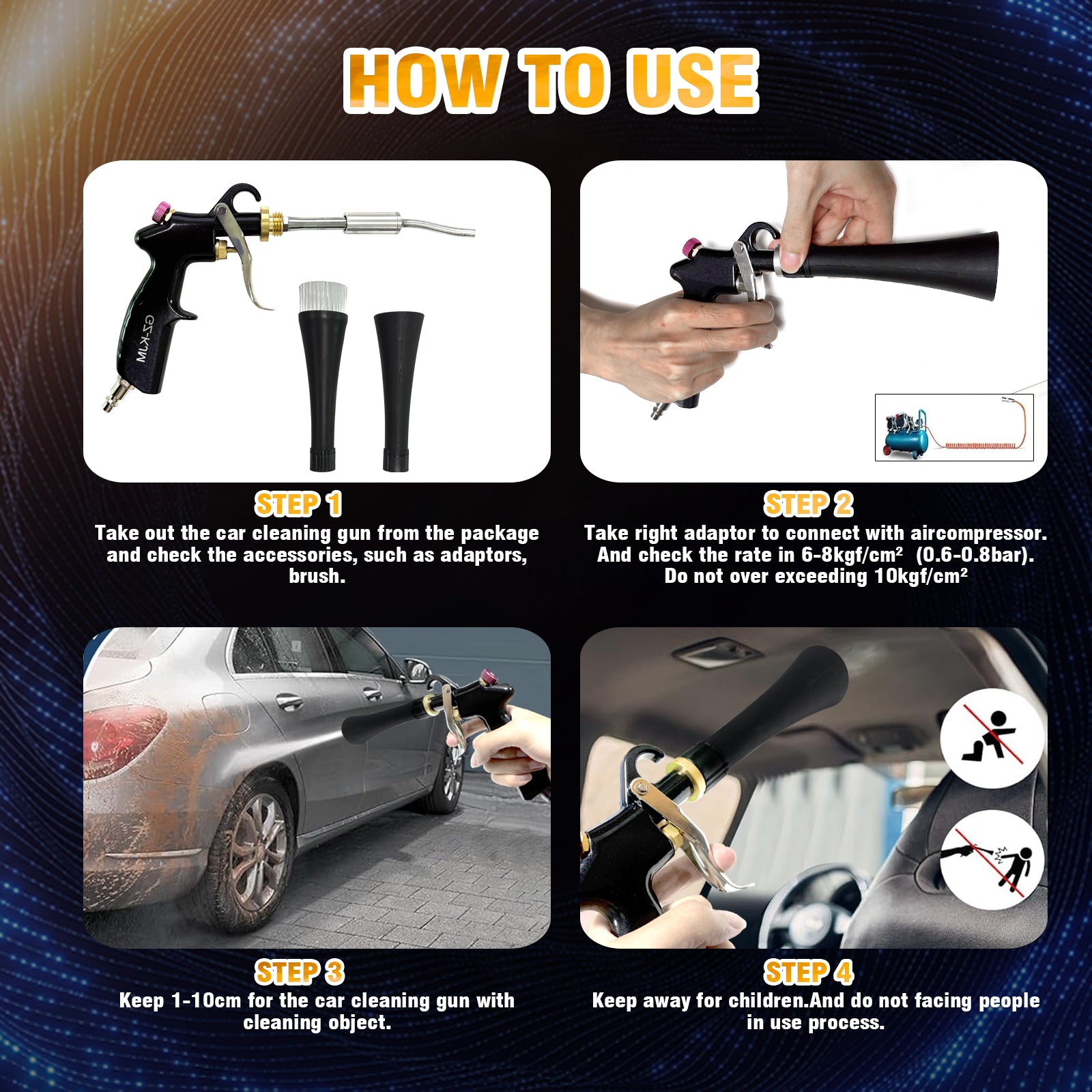 GZ-KJM Air Blow Gun Car Interior Cleaning Gun High Pressure Car Detailing Cleaning Tool with Nozzle and Auto Detailing Dusting Brush for Quickly Blasts Dirt and Dust from Surface