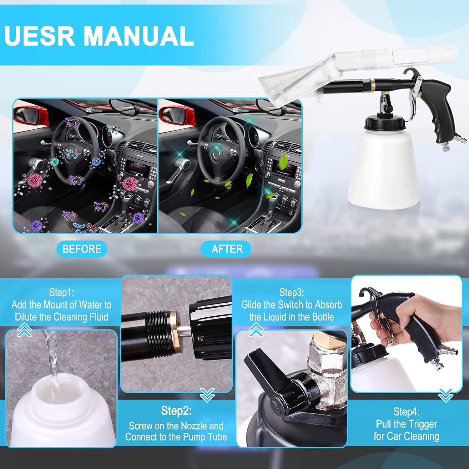 High Pressure Car Cleaning Gun with Suction Hood Auto Interior Adjustable Air Duster Water Spray Tool Kit Pressure Cleaner for Car Detailing Supplies